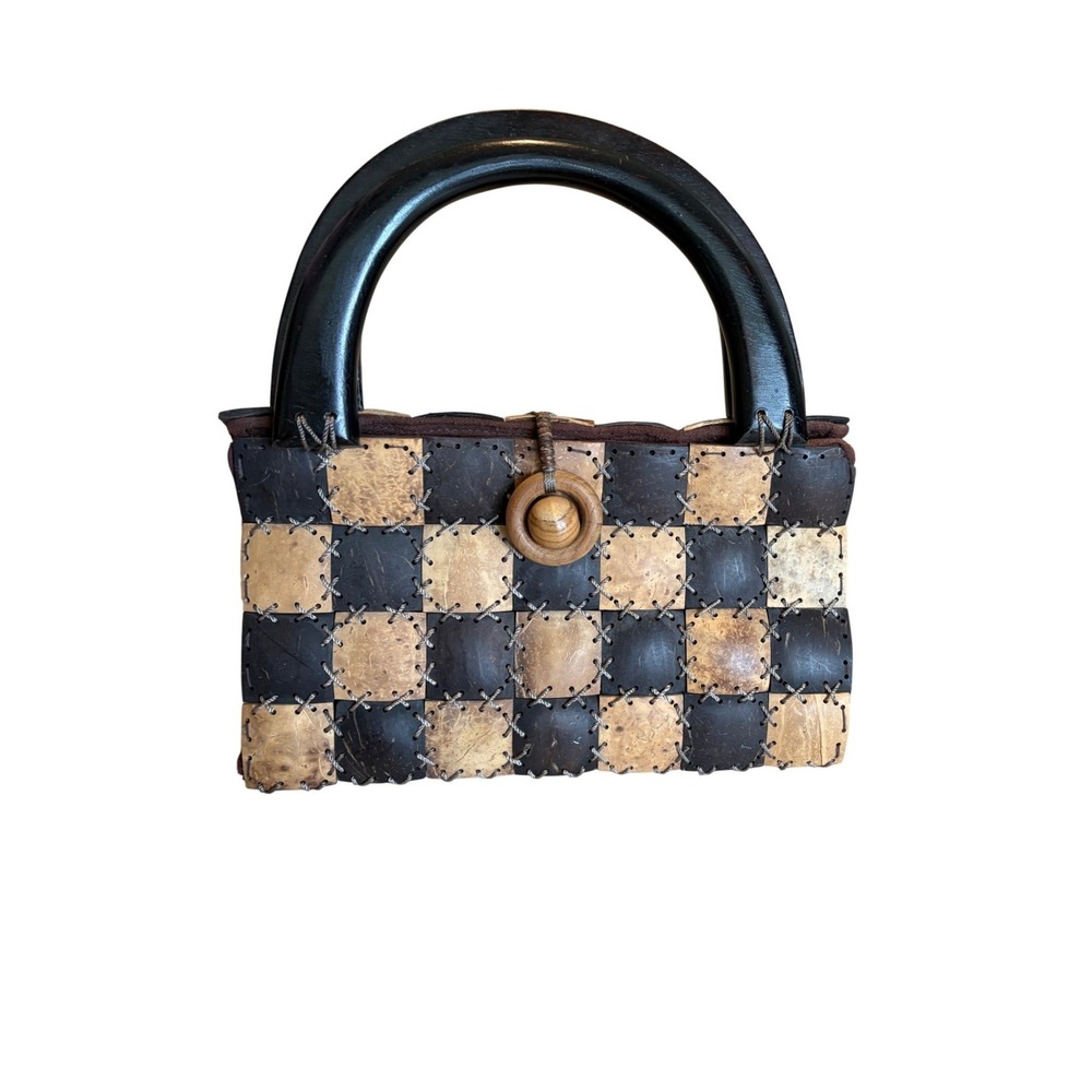 Handcrafted Jamaican Coconut Shell Top Handle Handbag Tan Brown Squares